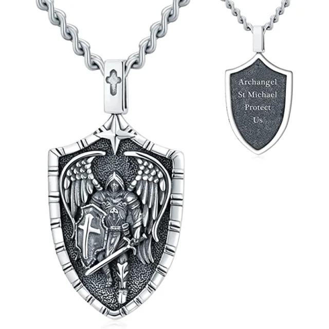 Fine Archangel Jewelry Men 925 Sterling Silver Oxidized Necklace Saint Michael Shield Shape Engraved Sword Pendant Necklace