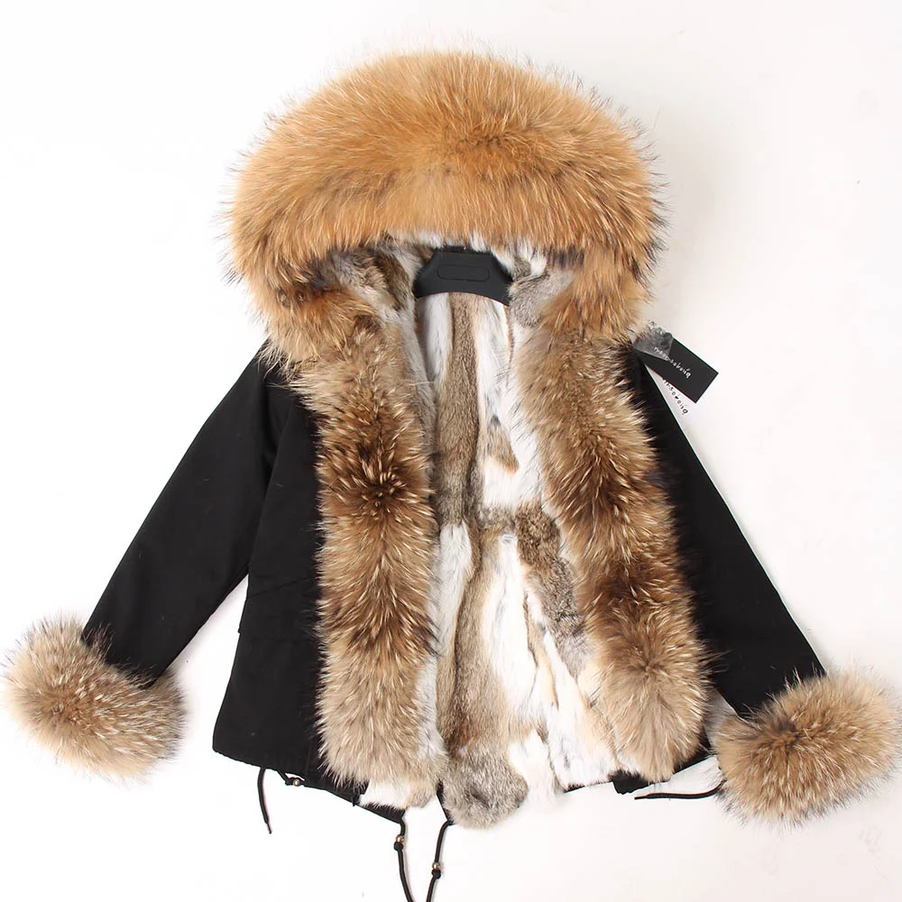 2021 Women Short Parka Natural fox Fur Hood Real Rabbit Fur Liner Winter Long Jacket Parkas Real Fur Coat Outerwear