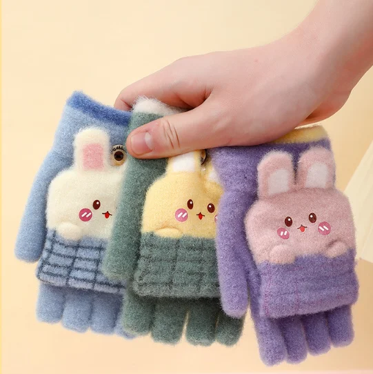 2023 Orange Half Finger Warm Winter Gloves for Children Lovely Rabbit Pattern Covered Mittens for Kids