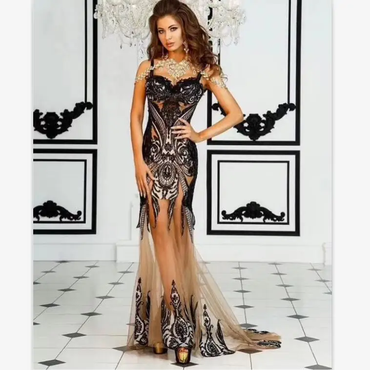 Sexy V- Neck Backless Tulle Fashion Dubai Crystal Beaded Prom Dress A-line Lady Dresses