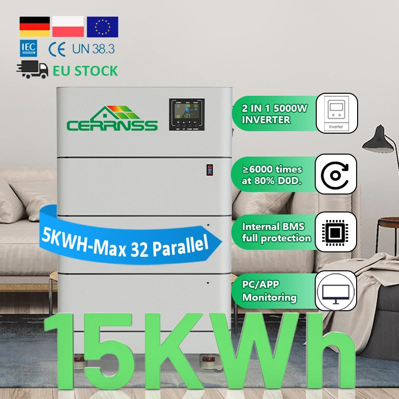 All IN 1 15Kwh Solar Inverter Stacked Lithium Battery Home Energy Storage 6000 Cycle Rack LiFePO4 AKKU 48V 300Ah LiFePO4 Battery