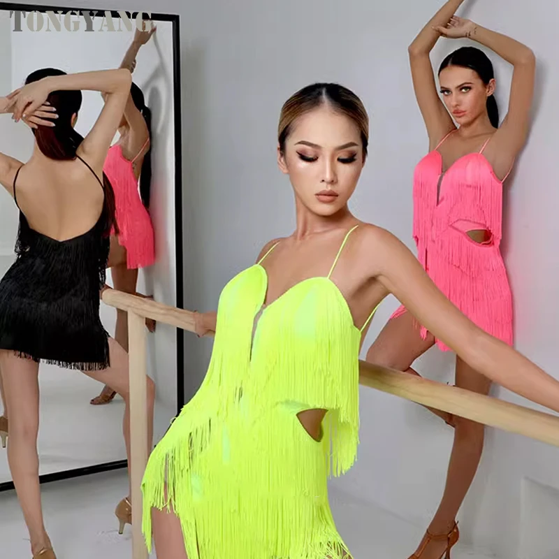 TONGYANG ZYM Women Latin Dance Dress Sexy Sleeveless Fringed Dress Latin Performance Dance Clothes Latin Competition Dresses