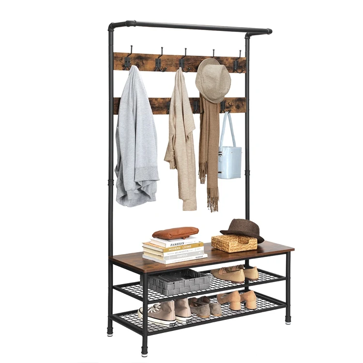 Living Room Entryway Metal Wood Coat Shoe Rack Stand Iron frame modern coat rack