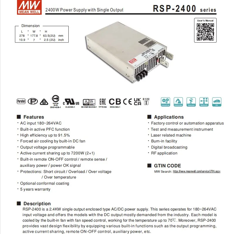 Meanwell RSP1500W 2400W 3000W Single Output Build In Pfc Ac To Dc Meanwell Switching Power Supply