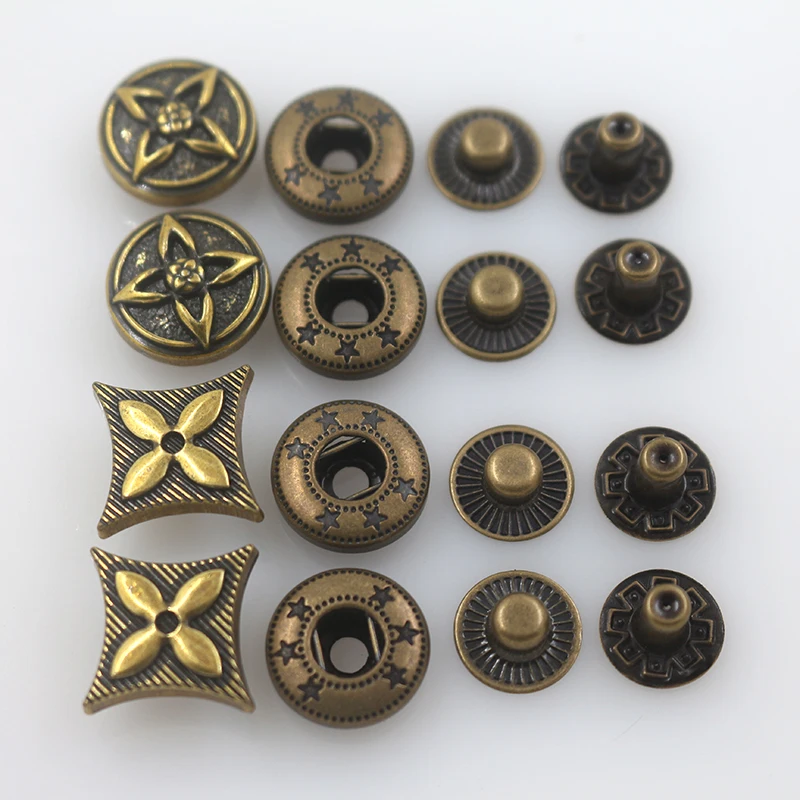 Custom engraved logo flower pattern spring snap fastener metal four part snap button for clothing