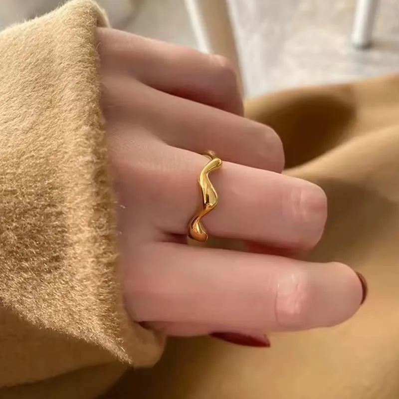 AOFEI Jewelry 18K Gold Plated Wonky Squiggle Stainless Steel Trendy Fashion Wave Ring