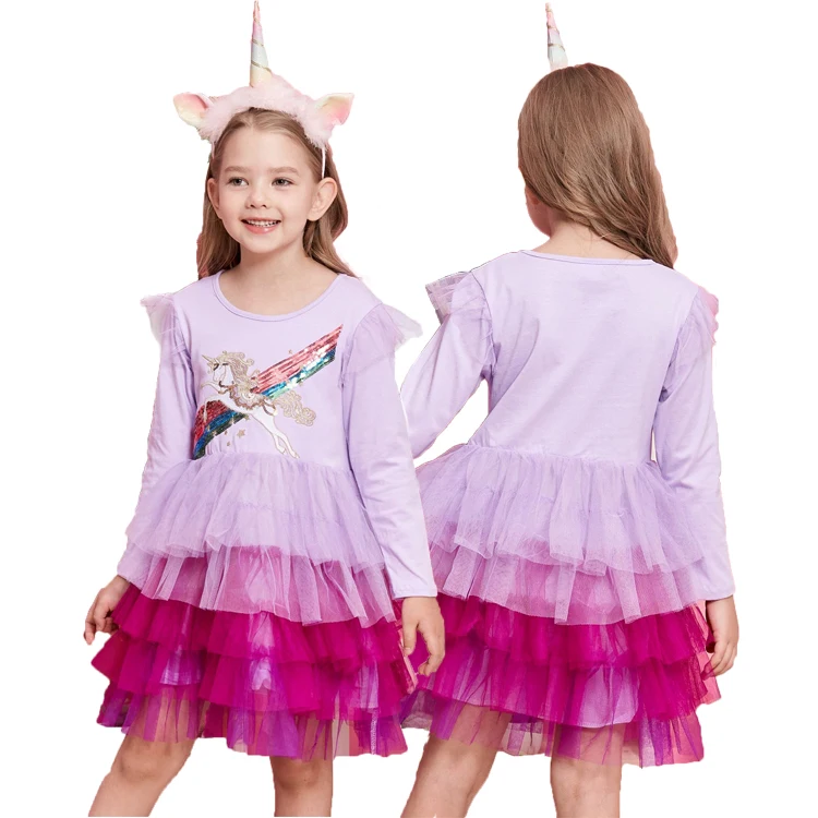 Wholesale Autumn Sequins Girls Cartoon Unicorn Embroidered Party Princess Dress Long Sleeve Baby Girl Skirts