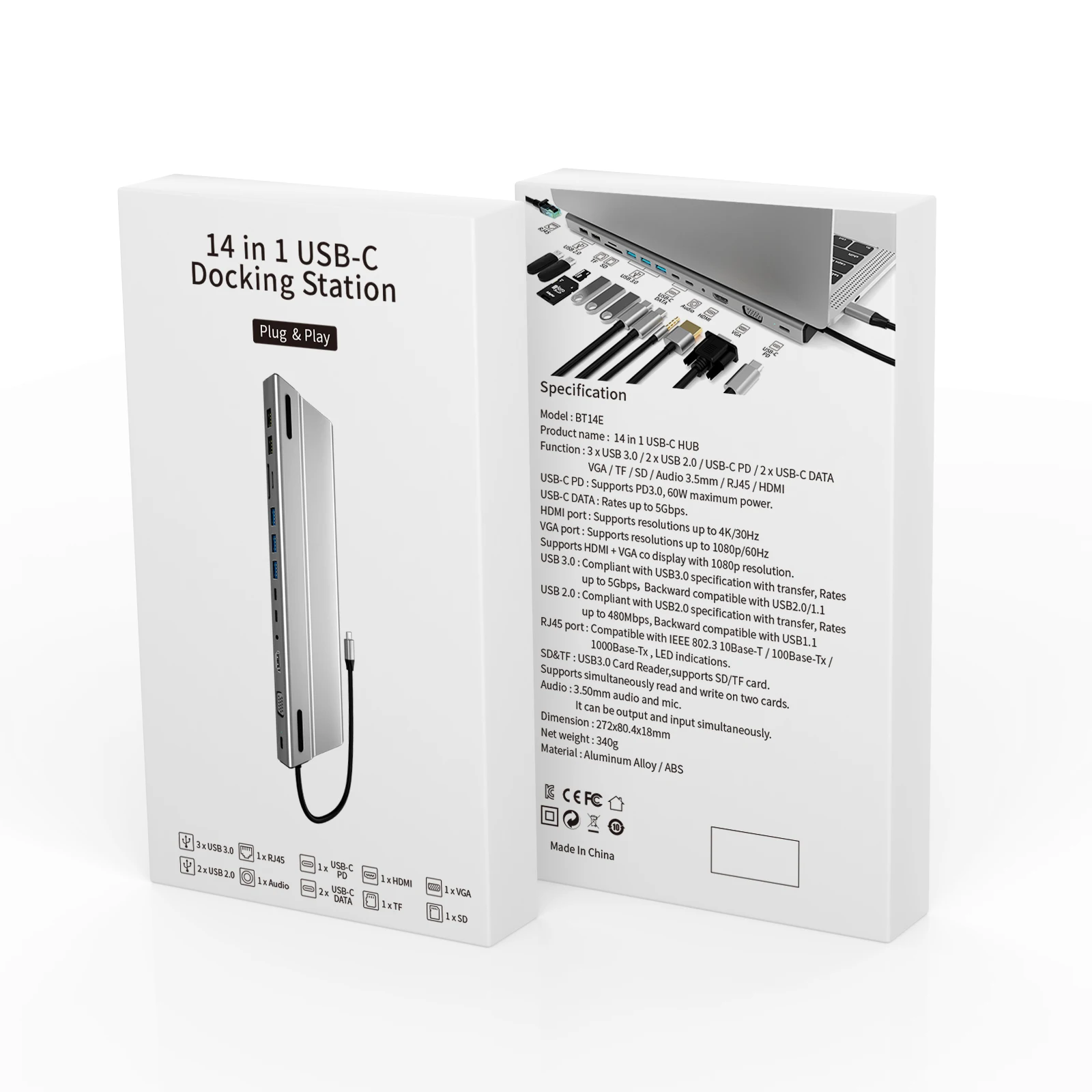 usb hub rj45 14 in 1 gray BASIX TYPE C to USB3.0*3 USB2.0*2 PD SD TF HD-MI  VGA RJ45 AUDIO3.5 type c data