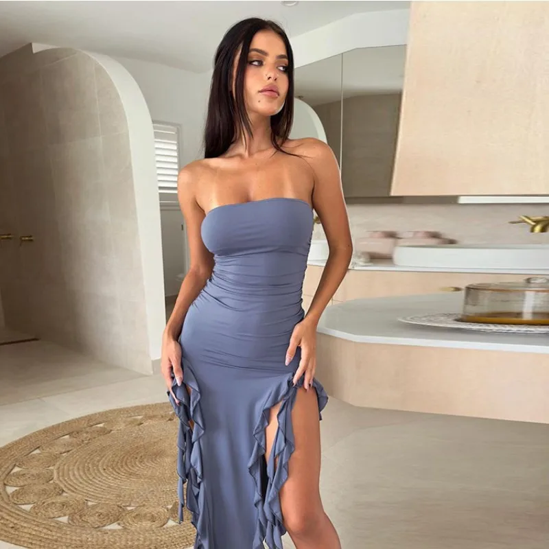 Star Sexy Strapless Off Shoulder Midi Dress Women Ruffles Split Beach Dress Summer Slim Fit
