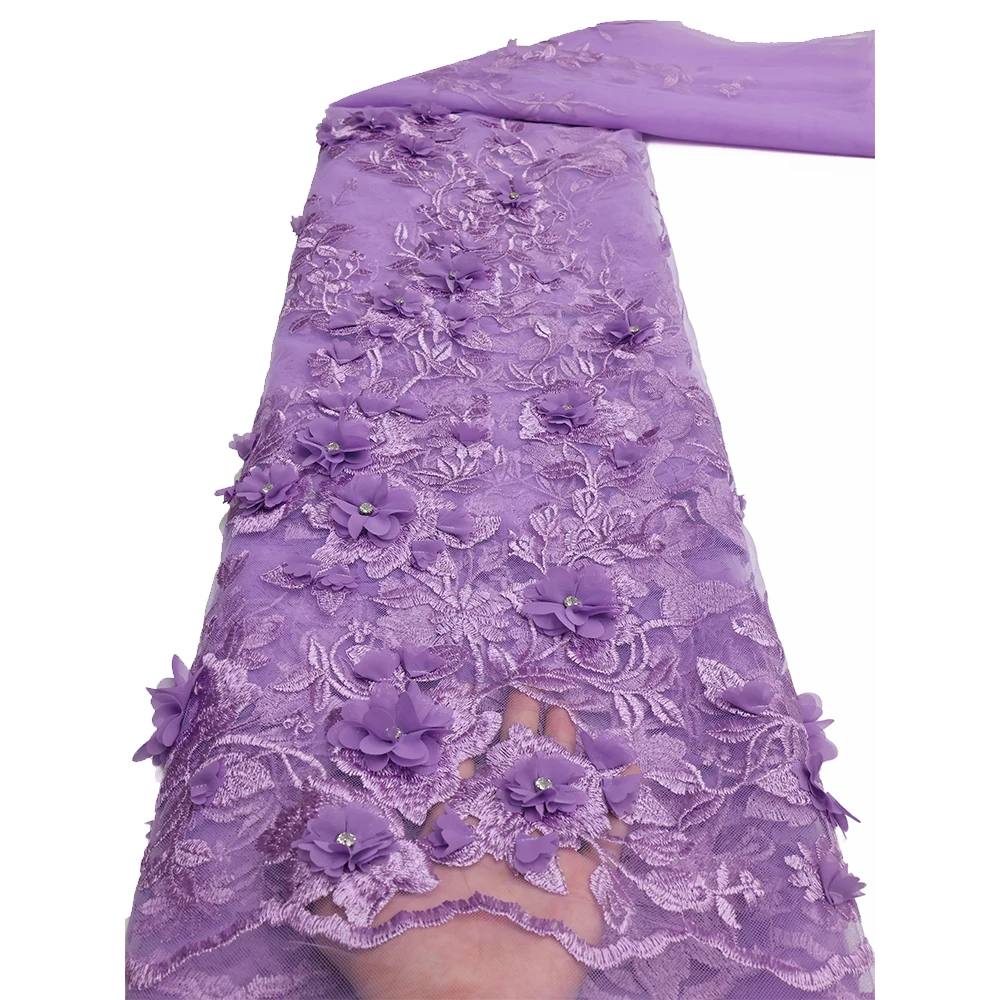 NI.AI Embroidery 3D Flower Lace Net Fabric French Net Lace Luxury Embroidered Lace Fabrics With Stones