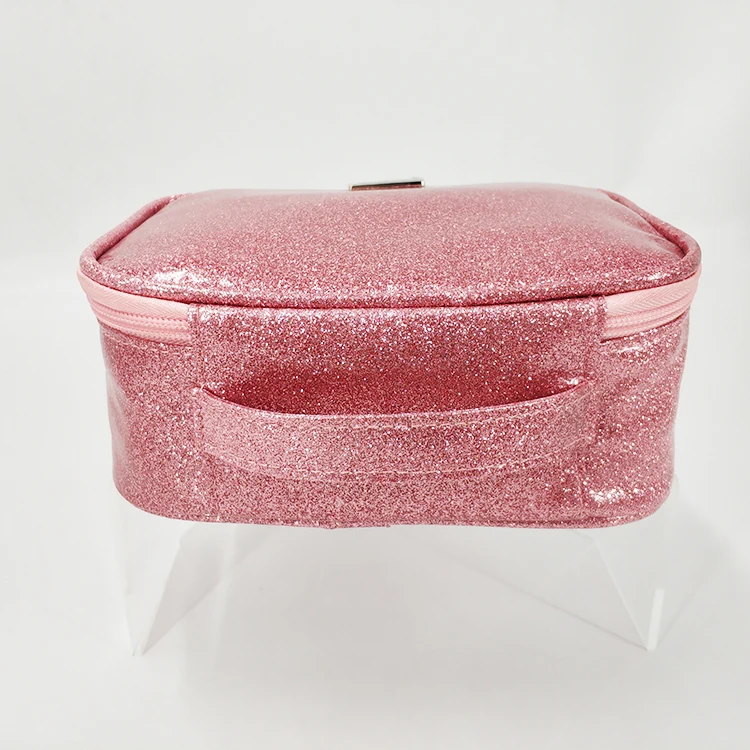 fashion new design makeup case with handle pink shiny glitter leather cosmetic bags