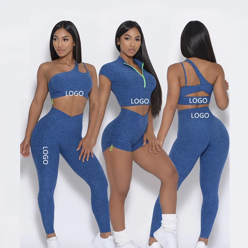 Seamless Yoga Set Gym Fitness Set One Shoulder Sports Bra Scrunch Butt Leggings Short Sleeve Top Women Workout Sets