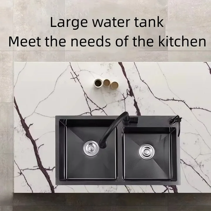 Modern Handmade Stainless Steel Nano Sink Black SUS304 Double Bowl Kitchen Sink Food Grade Oil Resistant Sink