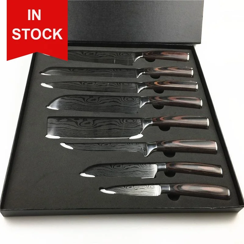 Amazon Best Product 8 Pieces Handmade Forged Damascus Steel Knife 8 Inch Damascus Steel Laser Pattern Kitchen Chef Knife Set