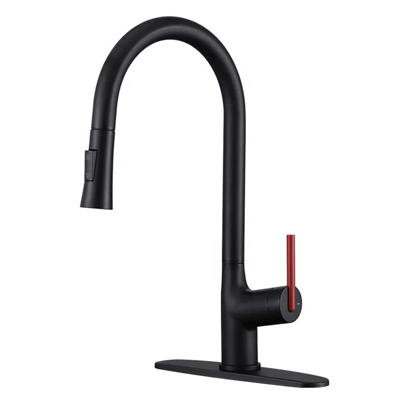 Black and Red  Handle Kitchen Mixer Faucet With Pull Out Sprayer Stainless Steel Hot and Cold Pull Down Spray Kitchen Faucet