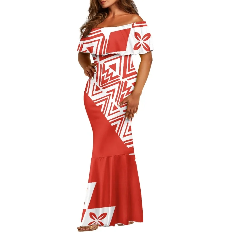 1MOQ Off-Shoulder Fishtail Dress Skirt Hawaiian Lehua Print On Demand Elegant Dresses Women Maxi Dress Summer Custom Clothes