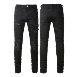 Rts For Dropshipping 8520 Skinny Slim Fit Wrinkled Scratched Relaxed Denim Black Destroyed Skinny Jeans Patch Men Jeans