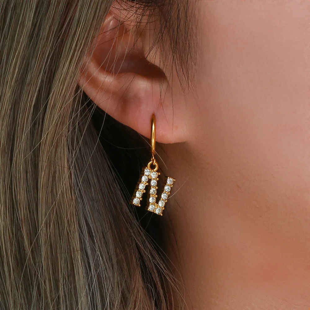 Custom Trendy Fashion Accessories 18k Gold Stainless Steel Hoop Earring Letter B Zircon Earrings For Women