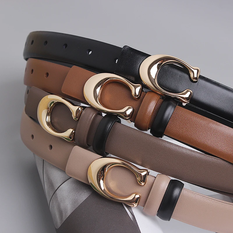 Luxury Letter C Gold Buckle Double Sided Cowhide Belt Soft Leather Waist Belts Autumn Styles Decorative Dress Belt For Women