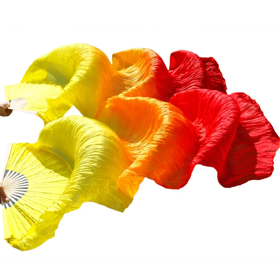 Wholesale Professional fire color double-sided Bamboo fans with veil for unisex dance performance