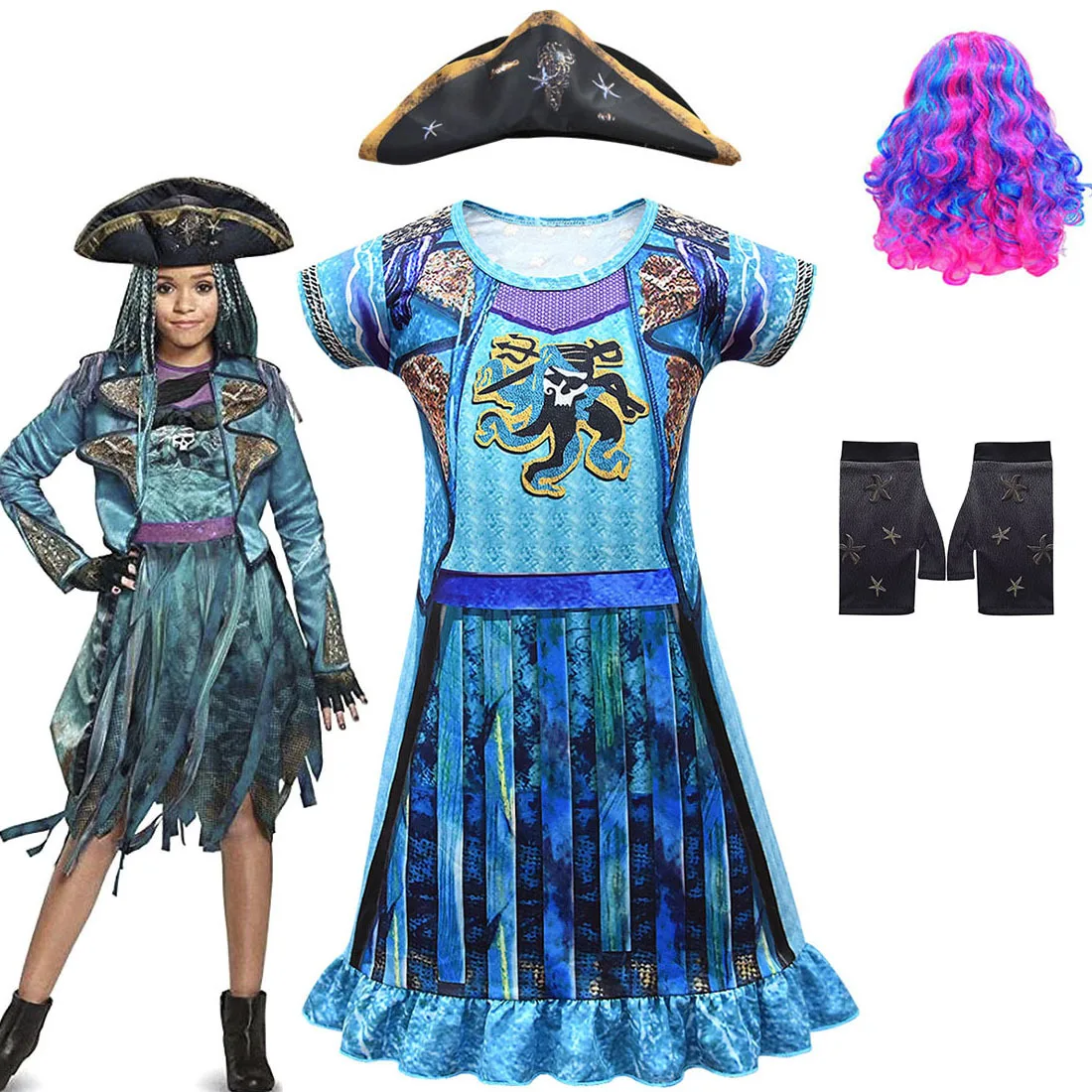
Halloween Fancy Evie Bertha Pirate Kids Descendants 3 Cosplay Costume With Hat 