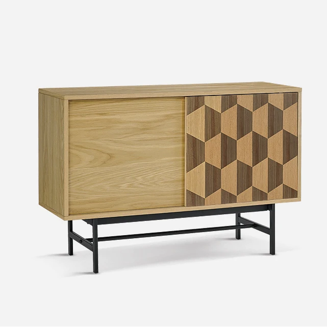 Sideboard with metal frame for dining room furniture 18mm MDF with PU painting cabinet, oak veneer top, metal legs