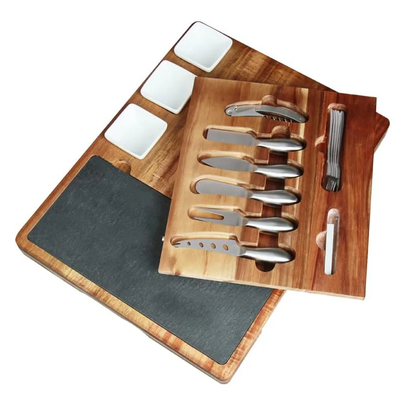 Personalized Rectangle Natural Slate Wooden Food Serving Tray Large Charcuterie Board with Stainless Knife and Ceramic Bowls