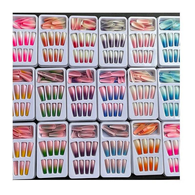 2021 New Design Pre Order Private Label Press On Nails Long Coffin Nail Tips Box Packaging Gradient Color nails