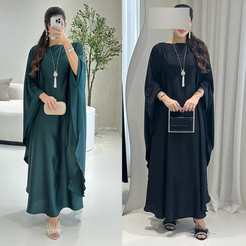 2024 Latest Islamic Muslim Women Dress Free Size Loose Satin Fabric Modest Muslim Dress For Women