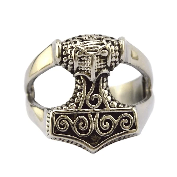 Vintage Silver Hollow Viking Valknut Raven Thor Hammer Finger Ring r003204