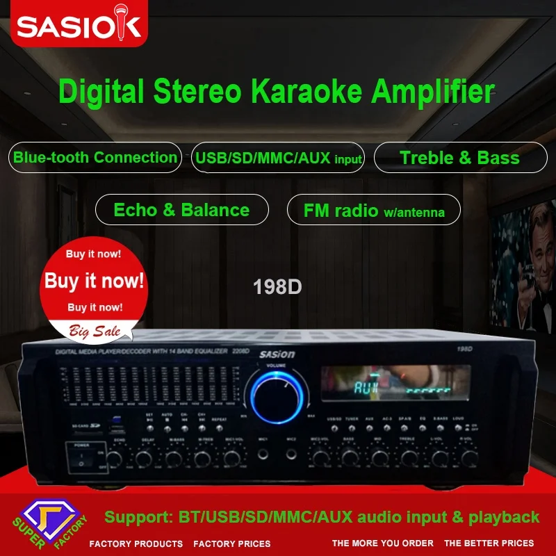 14-Band EQ Mic echo/delay 198D BT/USB/SD/MMC/AUX audio input stereo blue-tooth karaoke amplifier speaker Professional FM/LED.