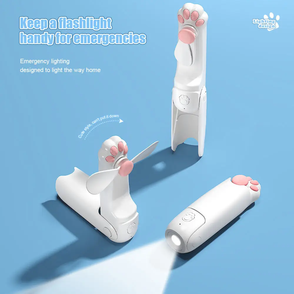 3 Speed Adjustable USB Rechargeable Small Portable Personal Foldable Mini Cute Cartoon Cat Handheld Fan with Power Bank Light