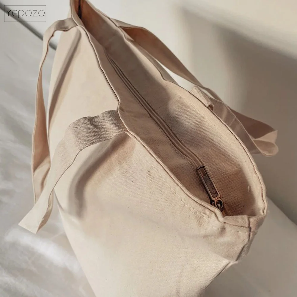 Large Canvas Tote Bag with Zipper and Pocket eco friendly cotton canvas tote bag