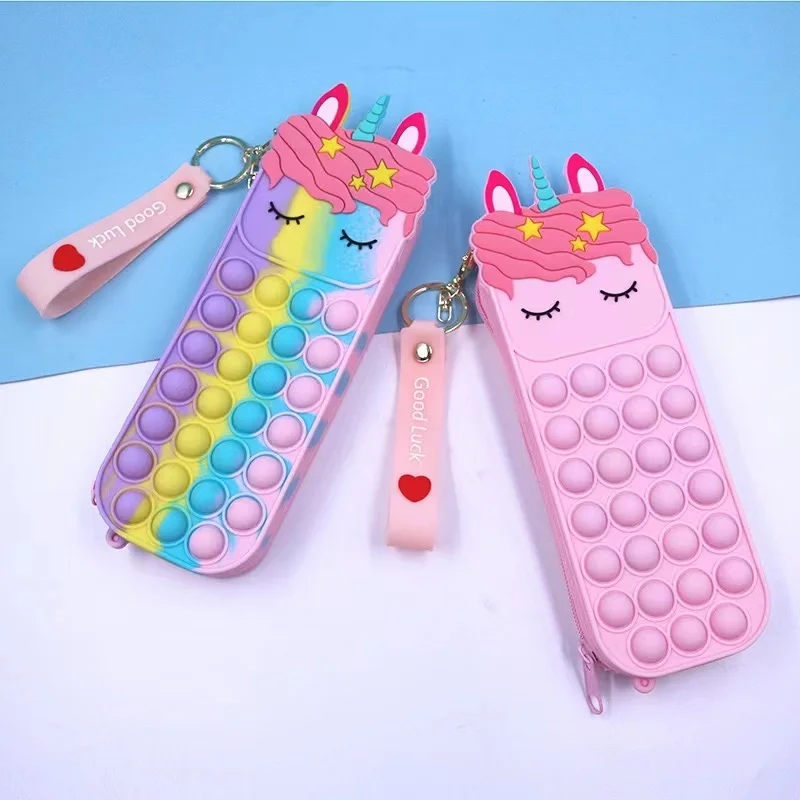 Силиконовый пенал для детей и студентов, чехол для карандашей и ручек, силиконовый пенал с пузырьками и единорогом