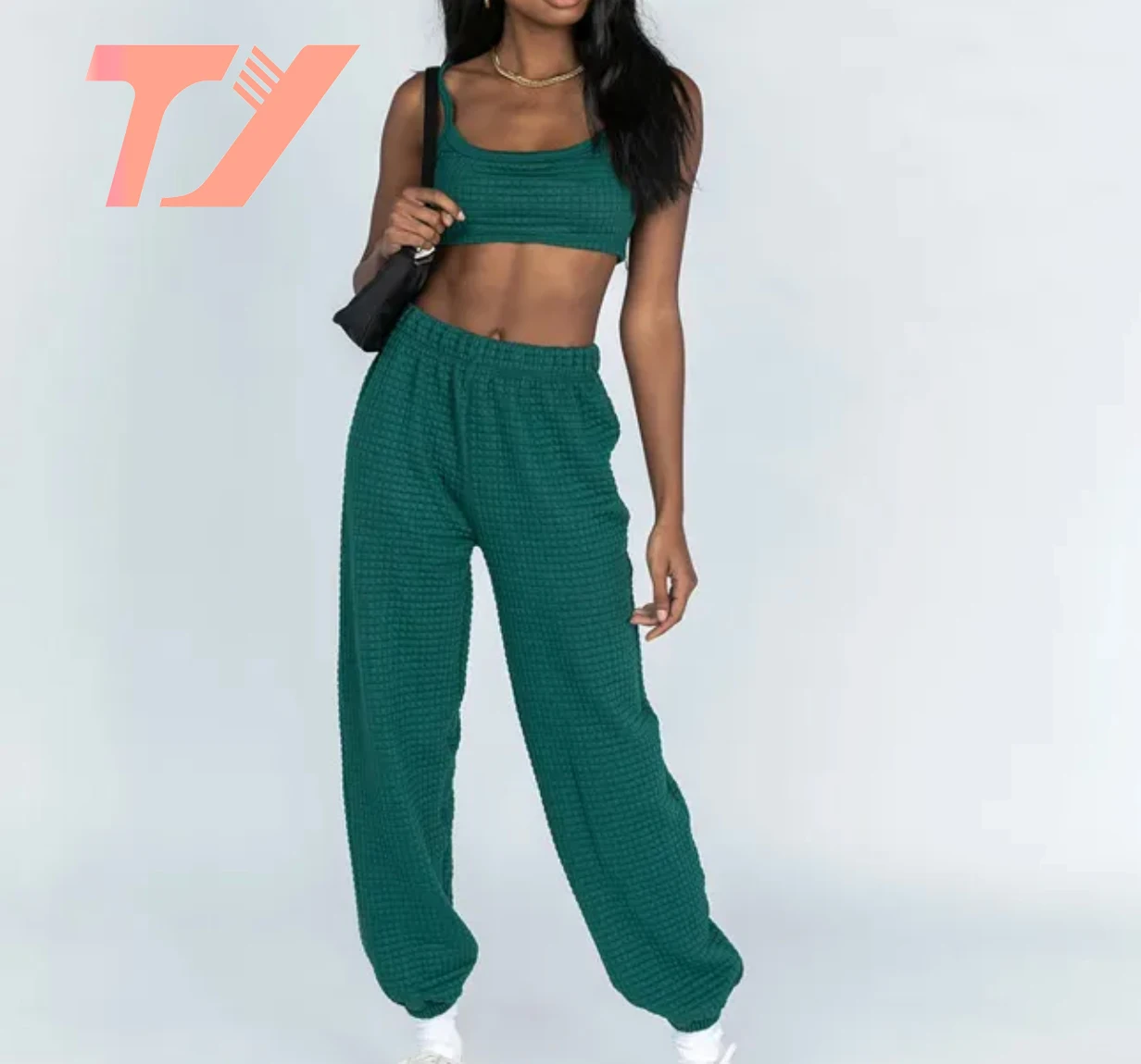 TUOYI Winter Women Lounge Wear Matching Crop Top And Sweatpants Two Piece Pants Set Sweatsuit