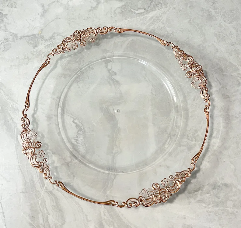 Тарелки золотые Прозрачные Свадебные SL220326-1 оптом пластиковые круглые многоразовые для свадьбы высокого качества