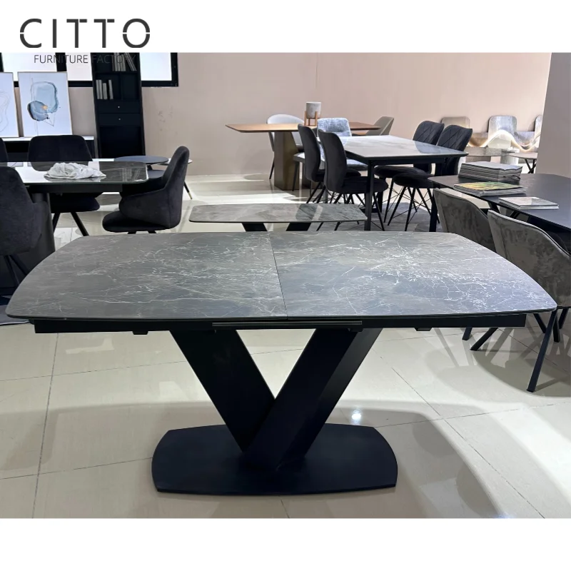 V Shape Designs Tempered clear glass high gloss white ceramic Metal plate with black powder coating Base Extension Dining Table