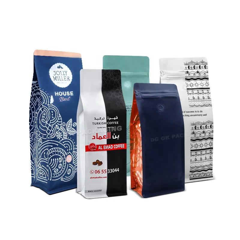 Custom Printed 250G Bolsas Para De Cafe Empty Coffee Bean Tea Packaging Pouch Flat Box Bottom Coffee Bag With Valve And Zipper