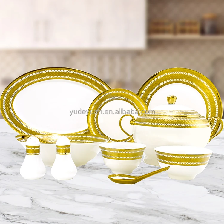 Porcelain Bone China Tableware Gold Plated Custom Design Dinnerware Sets Wholesale 40PCS Ceramic Dinner Set Luxury Modern