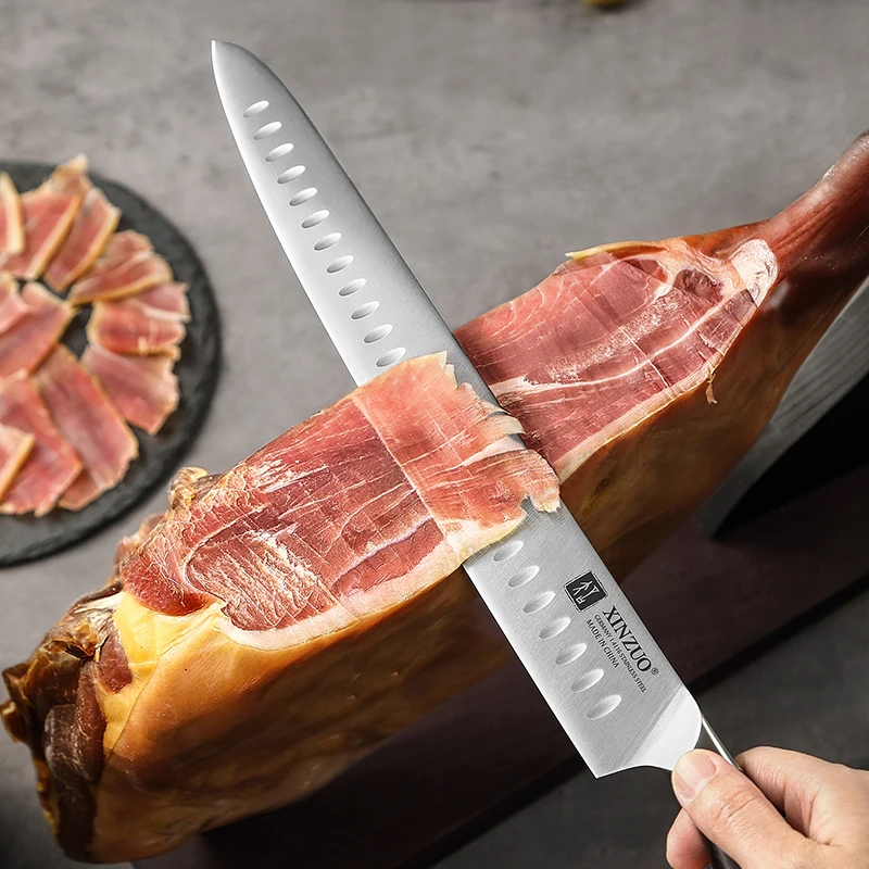 2022 New Arrivals German 1.4116 Stainless Steel Kitchen Meat Slicing Knives Granton Carving Knife with Red Sandalwood Handle