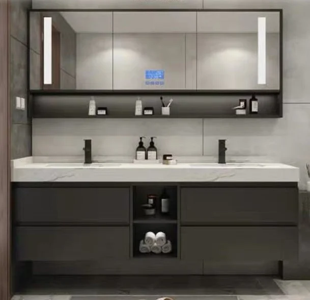 Waterproof Wooden Wall Mounted Wash Basin Vanity Mirror Sink Cabinet Modern Bathroom Furniture Marble Rectangular Table Top Sink