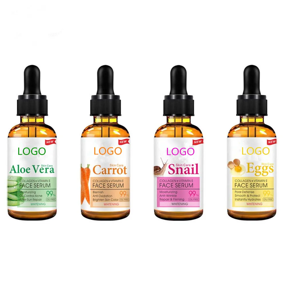 Private Label 99% Aloe Vera Carrot Snail and Eggs Whitening Face Serum Set with Vitamin E and Collagen