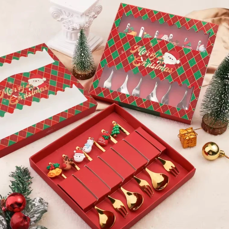 Hot Selling Christmas Gift 6pcs Stainless Steel Gold Teaspoon And Fork Gift Set  Christmas Coffee Spoon Set Cute Cutlery Set