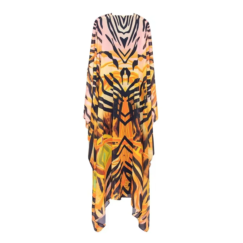 J&H 2023 new fashion moroccan kaftan vintage printed v neck loose chiffon maxi dress free size ladies abaya dresses