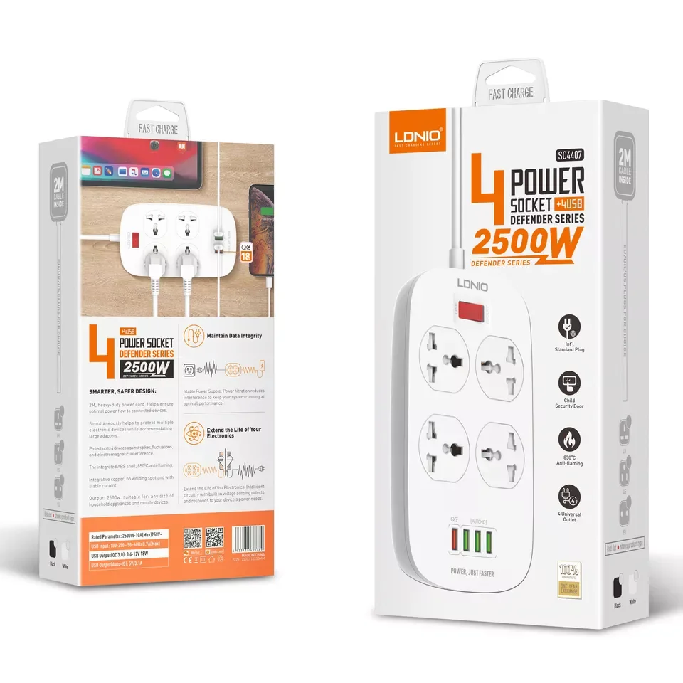 LDNIO multi plug sockets 4 outlet surge protector electrical power strip with usb-c ports universal extension lead power strips