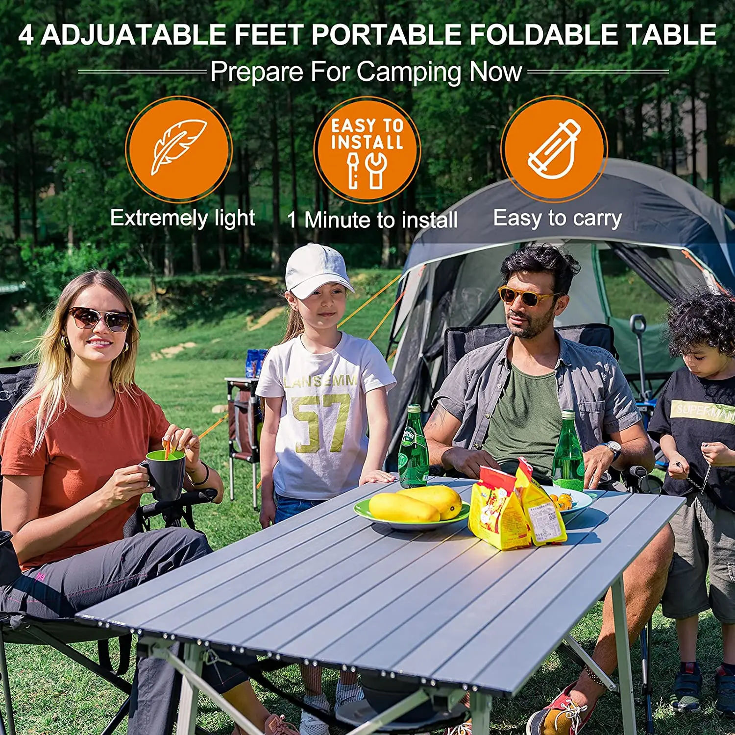 WOQI Lounge Outdoor Table Set Roll Top Legs Folding Wooden Table for Garden Patio Beach BBQ