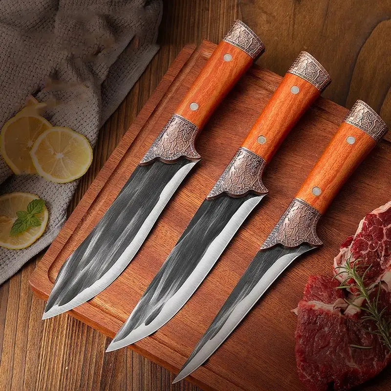 Forged Carbon Steel carving paring boning butcher cleaver kitchen knife set with wooden handle