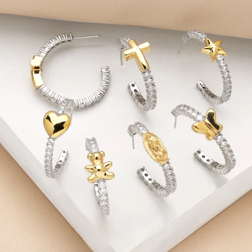 New Design Trendy Hoop Earring Two Tones Cubic Zirconia Heart Star Cross Butterfly Bear Virgin Mary Hoop Earrings