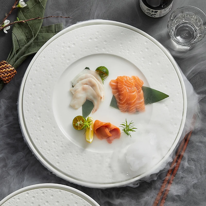 Round dry ice Sashimi Plate cutlery Creative Ceramic Seafood Salmon sashimi Fusion dish Premium dry ice plate