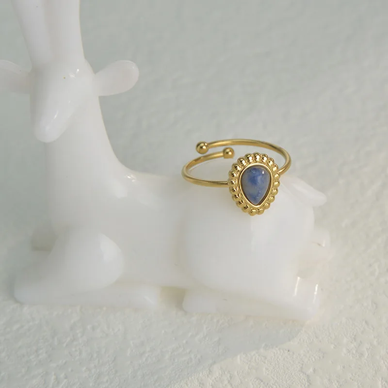 French Style Retro Elegant 14K Gold Plated Adjustable Water Drop Pine Stone C Shape Ring for Women